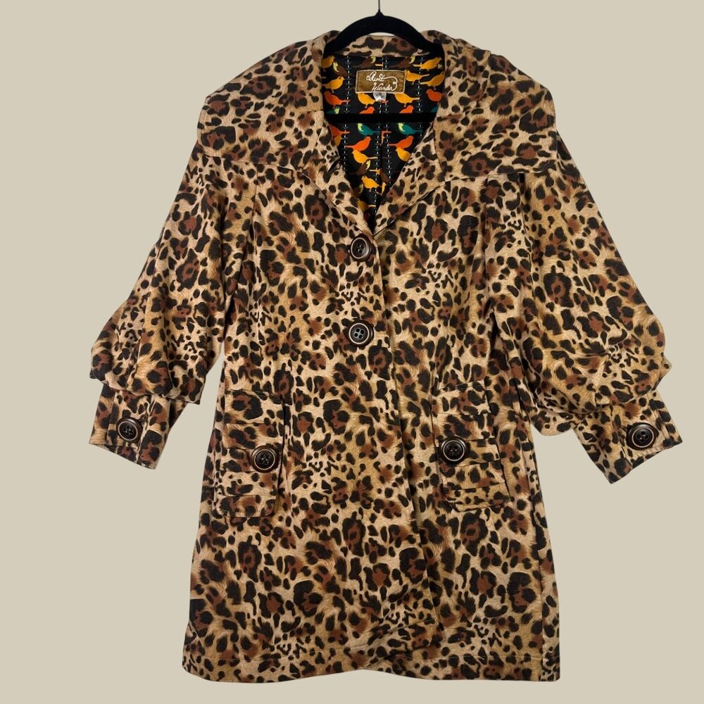 Aunt Wanda Leopard Print Jacket w/ Quirky Bird Lining Womens Sz S Eclectic Artsy